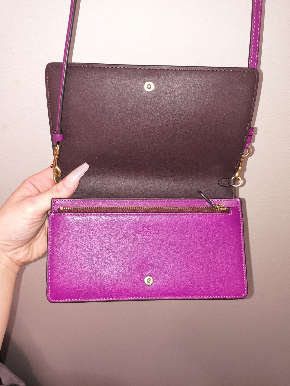 Coach Signature Canvas Wallet Crossbody Brown Purple Leather Phone Bag - Picture 3 of 11